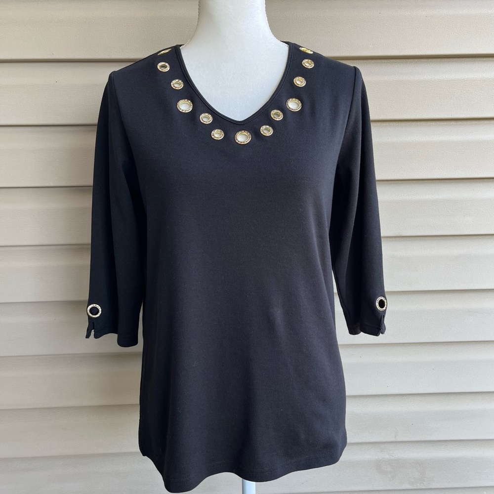 •Quacker Factory• Black Knit Blouse with Gold Accents - Size Small